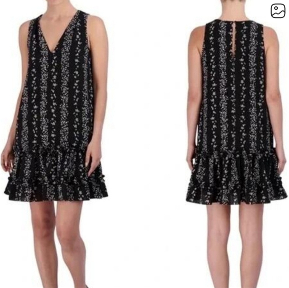 BCBG Paris Sleeveless Black & White Floral Vertically Striped V-neck Dress (L)